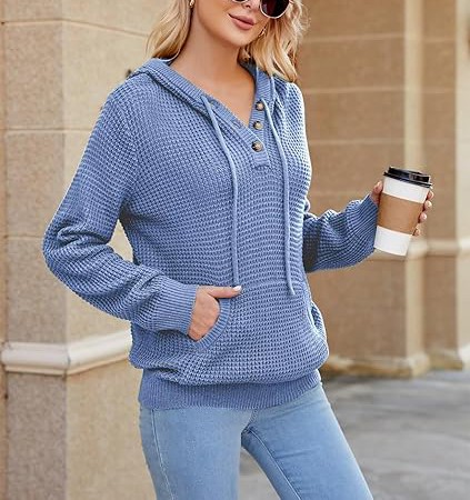 Fall Womens Oversized Hoodies Knit V Neck Sweaters Fashion Casual Pullover Tops