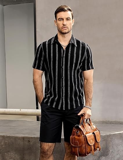 Mens Summer Striped Shirts Button Down Short Sleeve Vintage Beach Hawaiian Shirts with Pocket