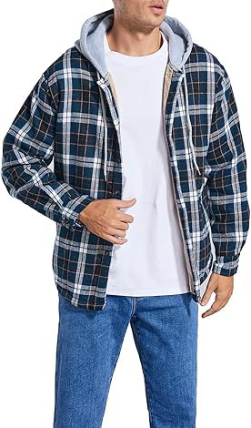 Men's Cotton Plaid Shirts Jacket Fleece Lined Flannel Shirts Sherpa Button Down Jackets with Hood for Men