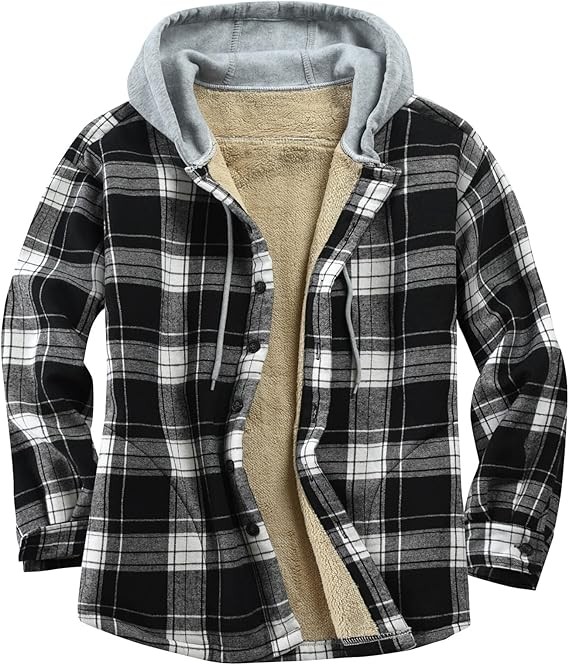Men's Cotton Plaid Shirts Jacket Fleece Lined Flannel Shirts Sherpa Button Down Jackets with Hood for Men