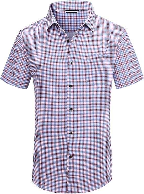 Mens Casual Button Down Shirts Wrinkle Free 4-Way Stretch Dress Shirts Short Sleeve Plaid Summer Shirts for Men