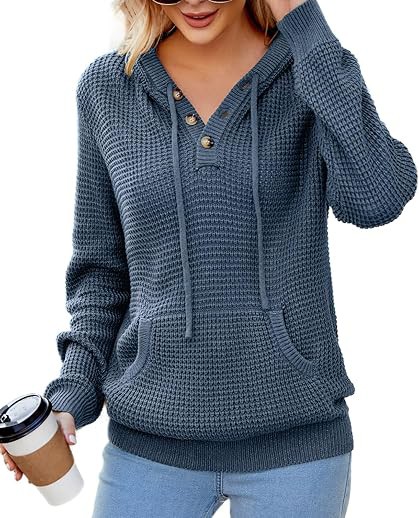 Fall Womens Oversized Hoodies Knit V Neck Sweaters Fashion Casual Pullover Tops