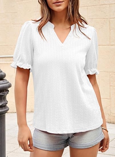 Womens Summer Short Puff Sleeves Blouses Shirts V Neck Cute Solid Knit Textured Casual Regular Fit Tops