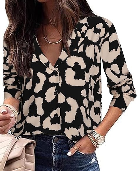 Women Pattern Print Button Down Blouse Top Long Sleeve Work Business Shirt