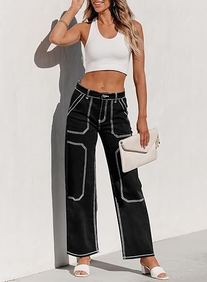 Women's Cargo Jeans Casual Loose Mid Rise Wide Leg Denim Pants