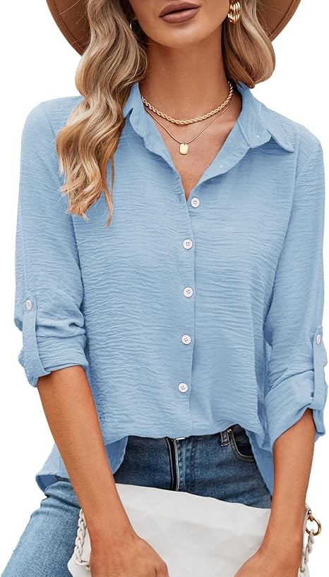 Womens Button Down Shirts V Neck Rolled Up Long Sleeve Tops Elegant Dressy Blouses Business Casual Outfits