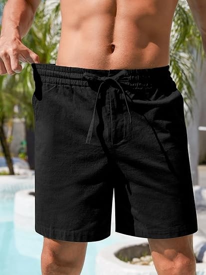 Mens Cotton Linen Shorts Casual Drawstring 7inch Inseam Shorts Stretch Summer Beach Wear