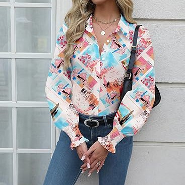Womens Button Down Shirts Smocked Cuffed Blouse Printed Lantern Shirt Long Sleeve Top Collar Business Fashion