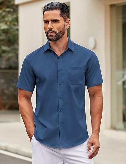 Mens Short Sleeve Casual Button Down Shirts Summer Untucked Dress Shirts with Pocket