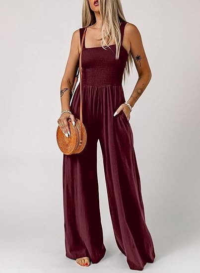 Women's Casual Loose Overalls Jumpsuits One Piece Sleeveless Wide Leg Long Pant Rompers With Pockets