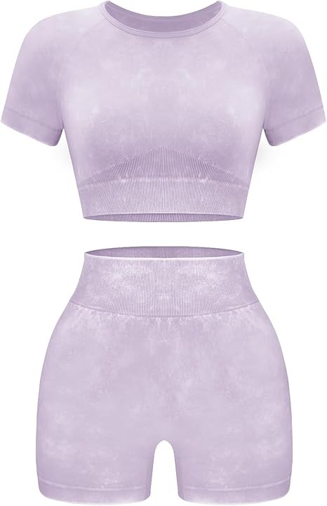 Womens Workout Sets 2 Piece - Seamless Acid Wash Yoga Outfits Shorts and Crop Top Matching Gym Athletic Clothing Set