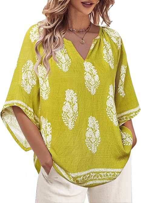 Womens 3/4 Sleeve V Neck Bohemian Peasant Blouses Casual Loose Fit Tunic Tops