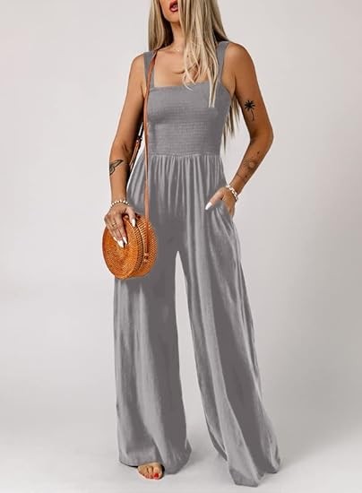 Women's Casual Loose Overalls Jumpsuits One Piece Sleeveless Wide Leg Long Pant Rompers With Pockets