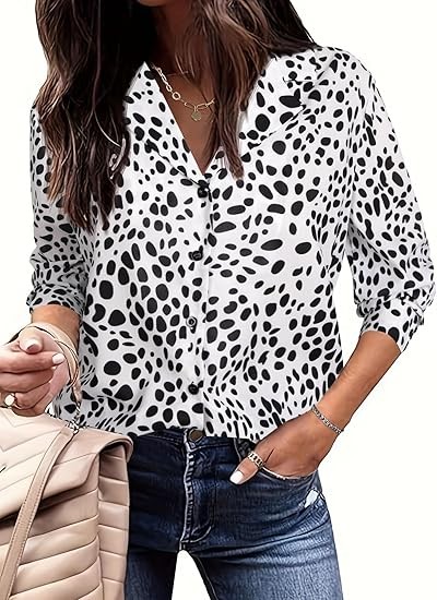 Women Pattern Print Button Down Blouse Top Long Sleeve Work Business Shirt