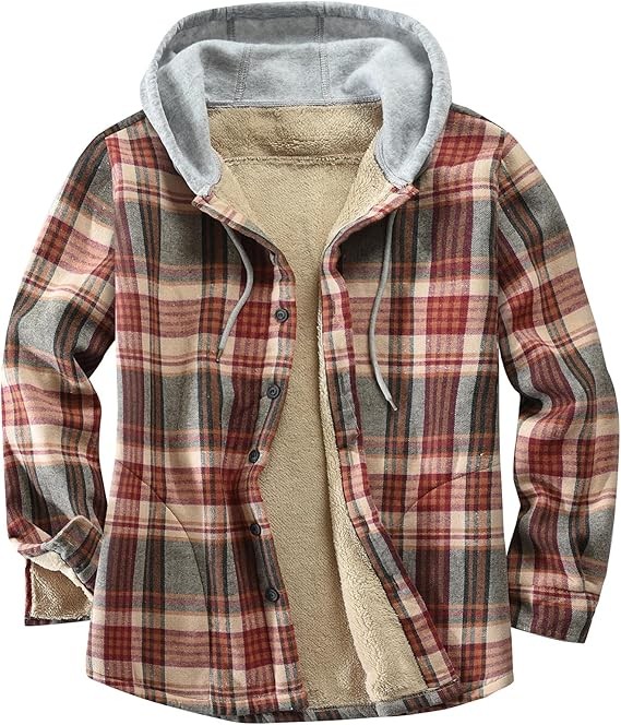 Men's Cotton Plaid Shirts Jacket Fleece Lined Flannel Shirts Sherpa Button Down Jackets with Hood for Men