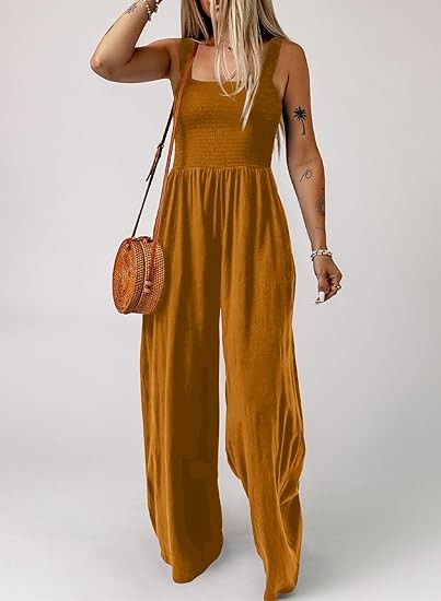Women's Casual Loose Overalls Jumpsuits One Piece Sleeveless Wide Leg Long Pant Rompers With Pockets