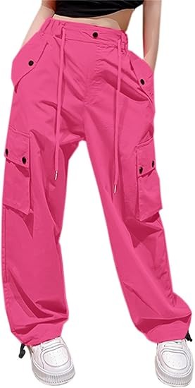Girls&Womens High Waist Parachute Pants Y2K Cargo Trousers with Pockets 6 Years-Women 2XL