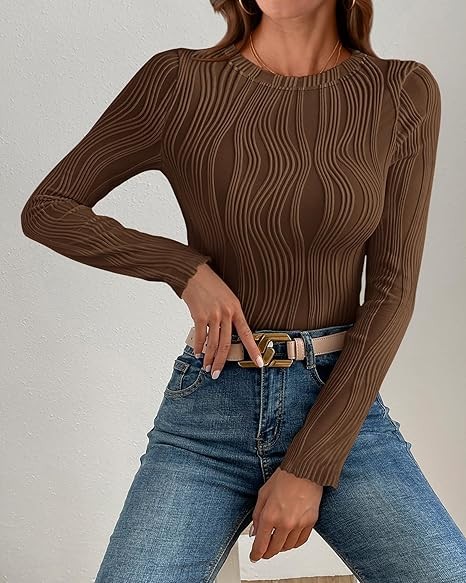 Women's Tops 2025 Cute Long Sleeve Crewneck Blouses Plain Slim Fit Fall Shirts Textured Knit Basic T Shirts