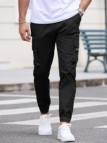 Mens Cargo Jogger Pants Elastic Waist Drawstring Regular with Zipper Pockets Cotton Pants for Men