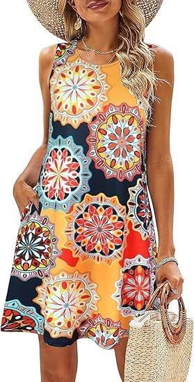 Summer Dresses for Women Beach Floral Tshirt Sundress Casual Pockets Boho Tank Dress