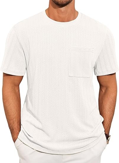 Mens Short Sleeve T-Shirts Casual Knit Texture Crewneck Pocket Tee Tops Loose Fit Summer Shirt