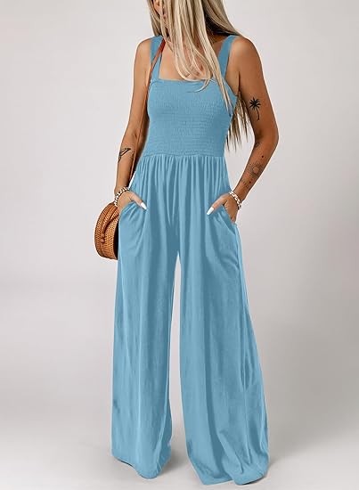 Women's Casual Loose Overalls Jumpsuits One Piece Sleeveless Wide Leg Long Pant Rompers With Pockets