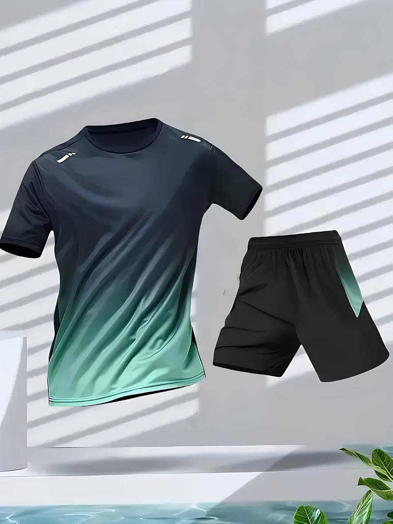Summer new Men's running quick-drying sports leisure ice y set Men's summer T-shirt short sleeves shorts mesh sportswear Half-length pants gradient set