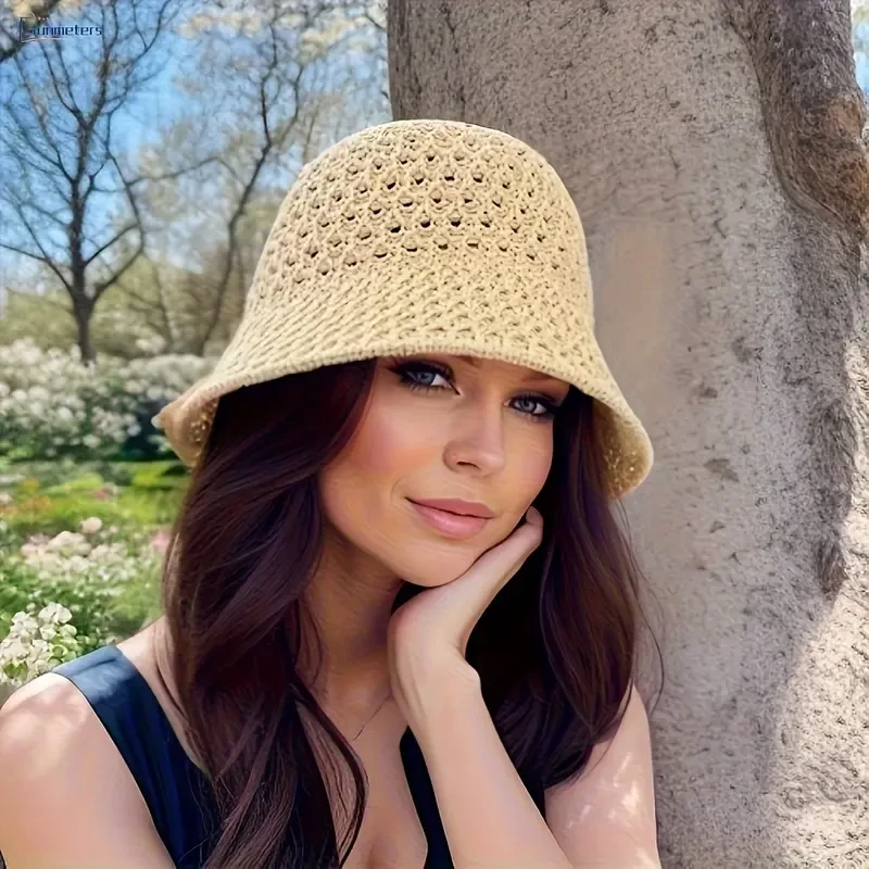 Women'S Crochet Bucket Hat - Lightweight, Breathable Straw Hat with Eyelet Design, Black, Caramel