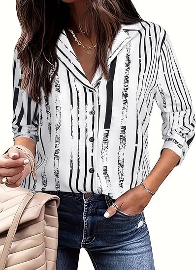 Women Pattern Print Button Down Blouse Top Long Sleeve Work Business Shirt
