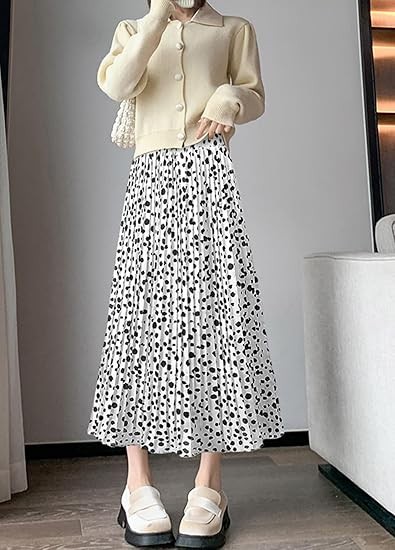 Womens Skirt Leopard Print Midi Long Shirring Pleated Skirts High Waisted A Line Skirts