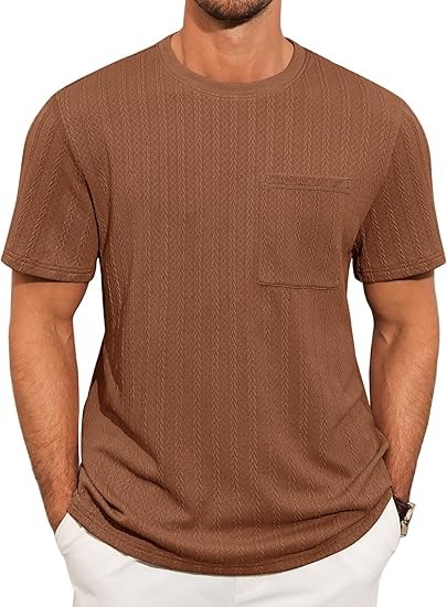 Mens Short Sleeve T-Shirts Casual Knit Texture Crewneck Pocket Tee Tops Loose Fit Summer Shirt