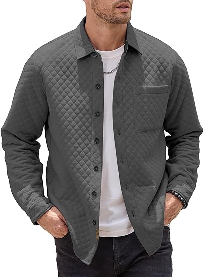 Mens Shacket Long Sleeve Shirt Jacket with Pockets Lightweight Quilted Overshirt