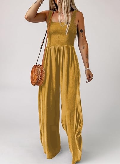 Women's Casual Loose Overalls Jumpsuits One Piece Sleeveless Wide Leg Long Pant Rompers With Pockets