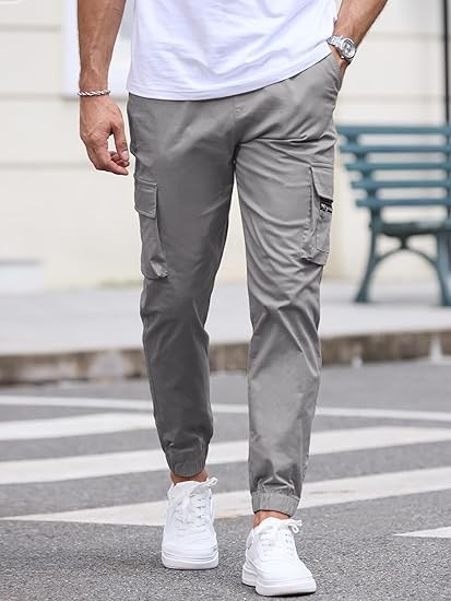 Mens Cargo Jogger Pants Elastic Waist Drawstring Regular with Zipper Pockets Cotton Pants for Men