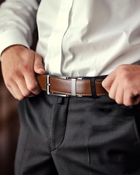 Mens Belt Leather Ratchet 1 3/8'' Belt For Men Gift Dress and Casual with Adjustable Buckle, Trim to Fit