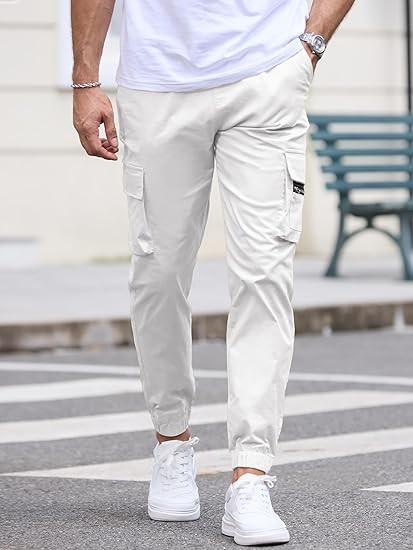 Mens Cargo Jogger Pants Elastic Waist Drawstring Regular with Zipper Pockets Cotton Pants for Men