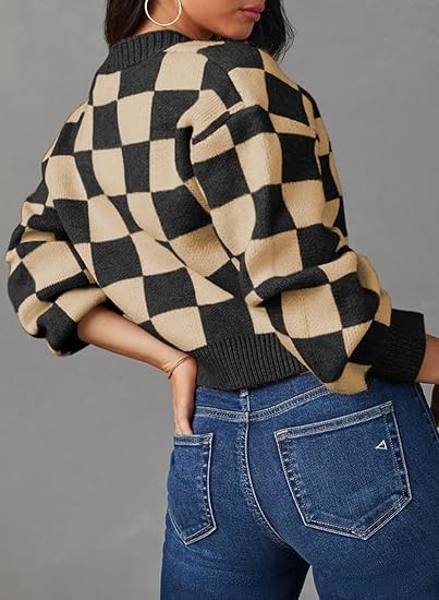 Womens Checkered V Neck Button Down Long Sleeve Cable Knit Cropped Cardigan Sweaters Tops