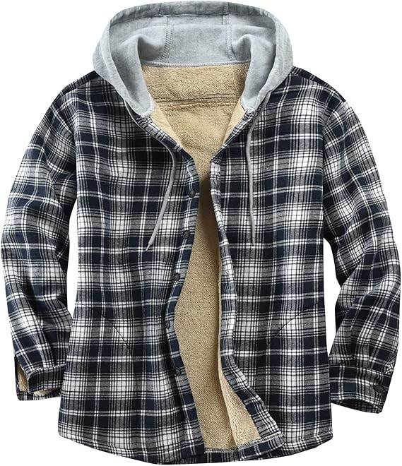 Men's Cotton Plaid Shirts Jacket Fleece Lined Flannel Shirts Sherpa Button Down Jackets with Hood for Men