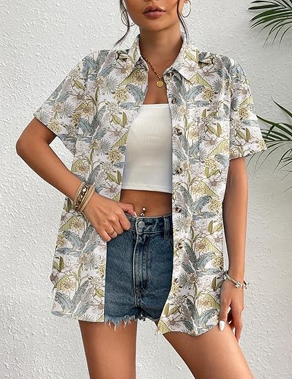 Womens Button Down Linen Shirt Short Sleeve Cotton Blouse Summer Casual Loose Fit Beach Tops
