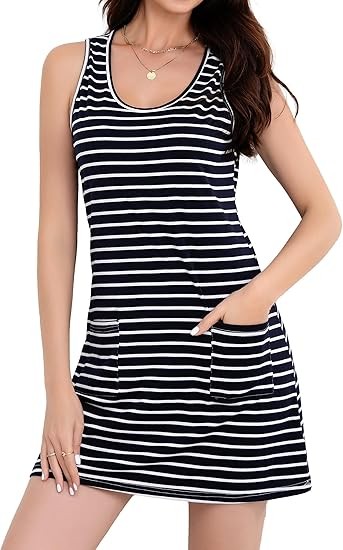 Women's Summer Dresses 2025 Casual Sleeveless Boho Beach Dress Scoop Neck T-Shirt Floral Sundress with Pocket