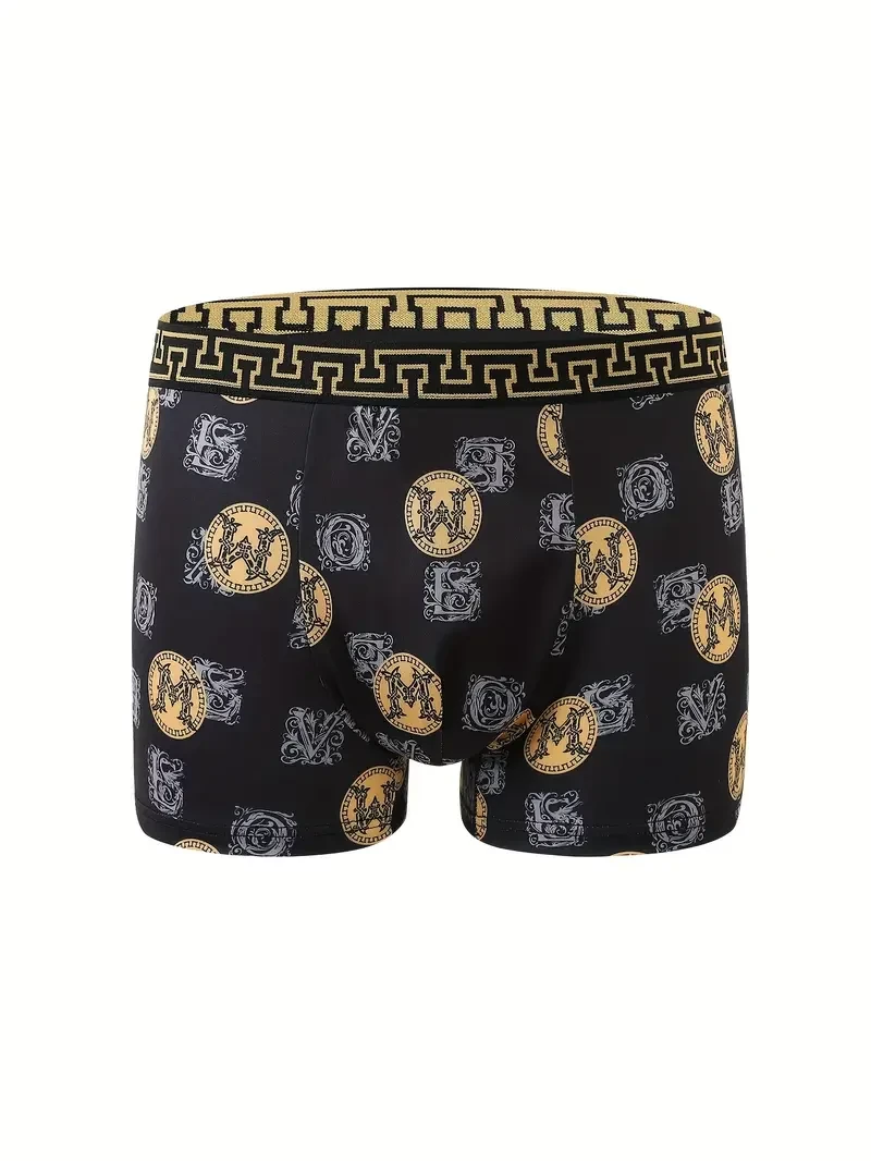 Men's Luxury Black and Golden Geometric Print Mid-Waist Boxer Briefs - Ultra Soft, Breathable Polyester Blend