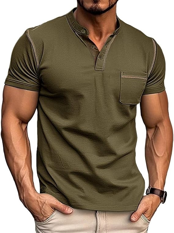 Men's Henley Shirt Lightweight Short Sleeve T-Shirt Casual Stylish Button Cotton Shirt