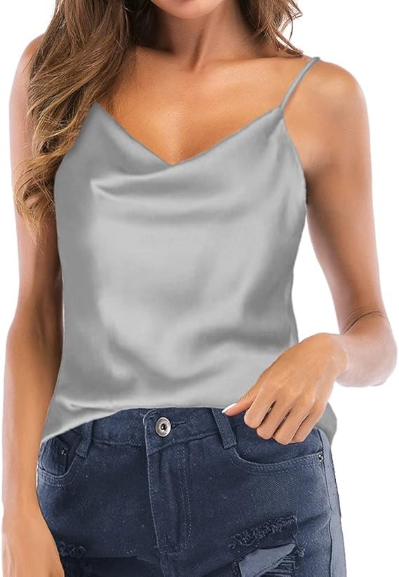 Women's Silk Satin Camisole Cowl Neck Tank Top Cami Silky Basic Tank Shirt Blouses