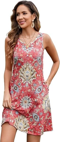 Summer Dresses for Women 2024 Beach Loose Casual A Line Dress Sleeveless V-Neck Sundress with Pockets