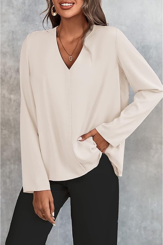 Women's Long Sleeve Shirts V Neck Business Casual Plain Work Blouses Tops
