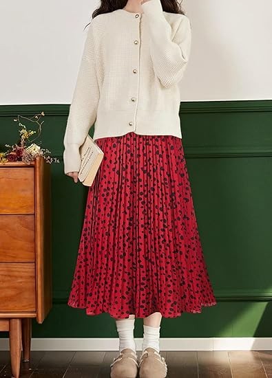 Womens Skirt Leopard Print Midi Long Shirring Pleated Skirts High Waisted A Line Skirts