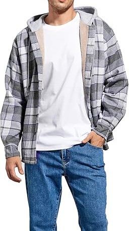Men's Cotton Plaid Shirts Jacket Fleece Lined Flannel Shirts Sherpa Button Down Jackets with Hood for Men