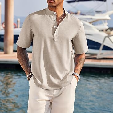 Men's Casual Henley Shirt Short Sleeve Band Collar Linen Shirt Summer Beach Hippie T-Shirts