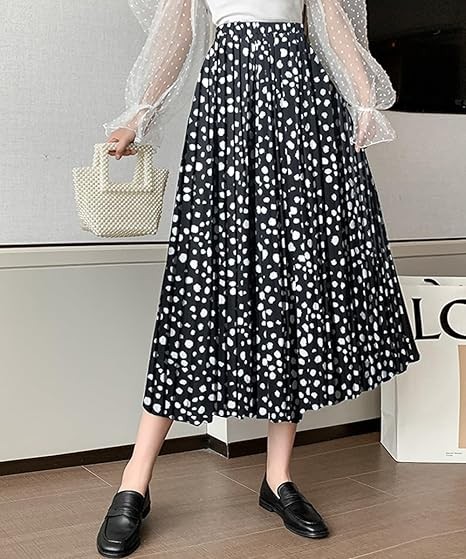 Womens Skirt Leopard Print Midi Long Shirring Pleated Skirts High Waisted A Line Skirts