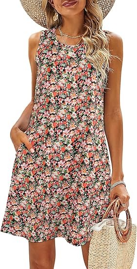 Summer Dresses for Women Beach Floral Tshirt Sundress Casual Pockets Boho Tank Dress
